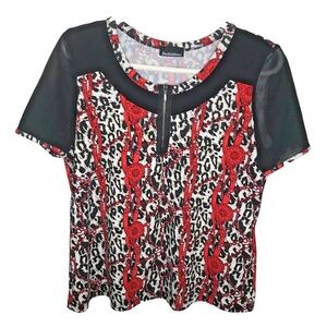 Initiatives Animal Print Zip Front Top Red Black Size M